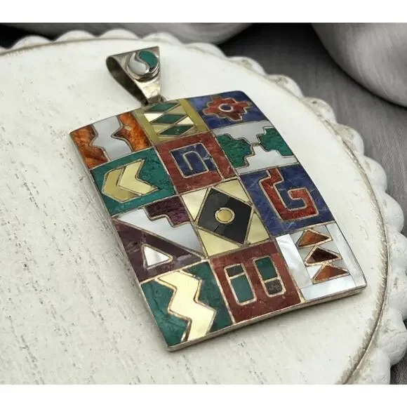 Peruvian 950 Mixed Semi-precious Gemstone Inlay Mosaic pendant 21.18G/2.5in - Picture 2 of 6